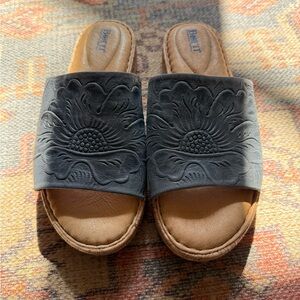Born Slate Blue Embossed Leather Slide Sandals